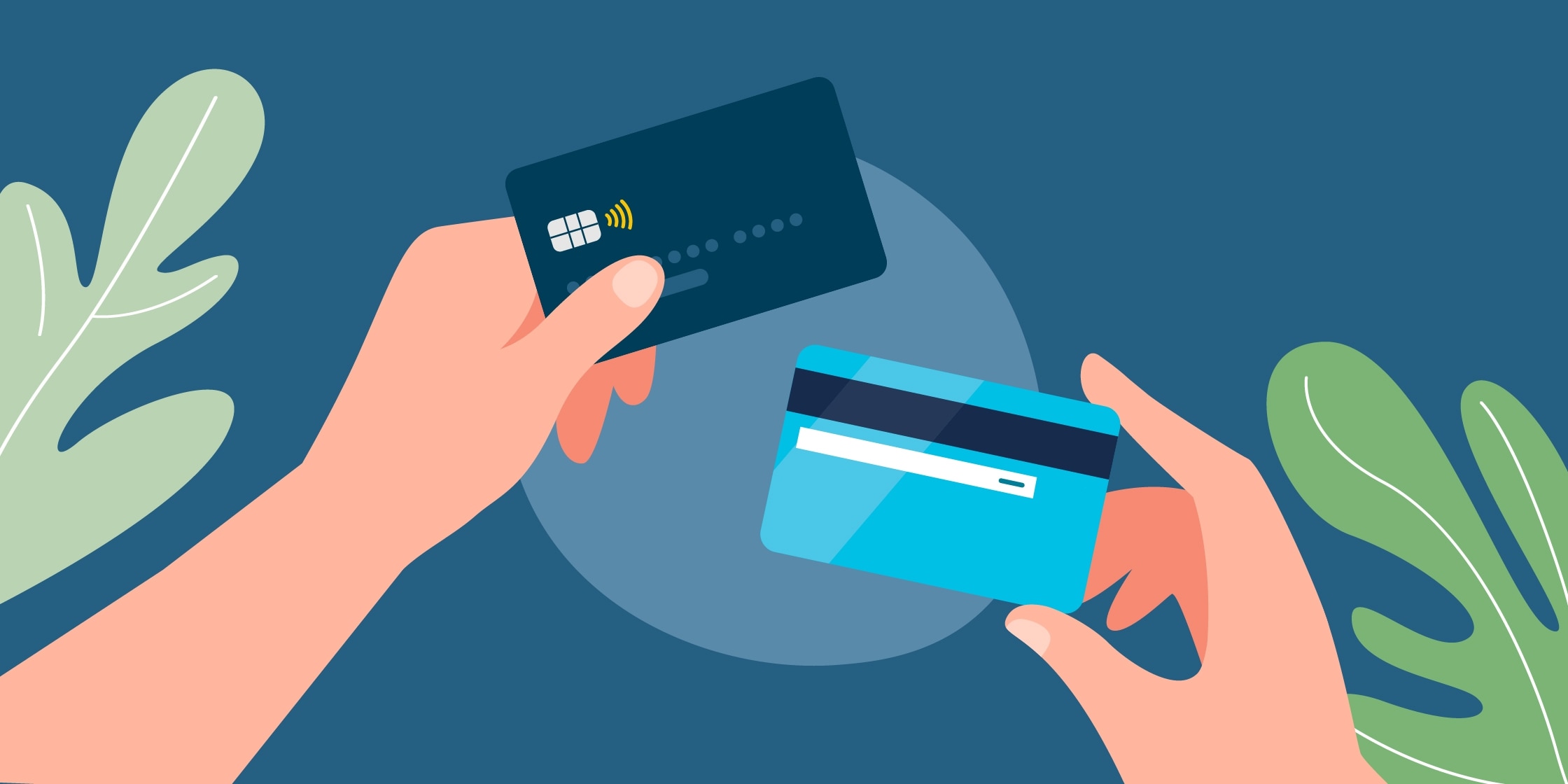 A graphic of hands holding two Capital One cards.