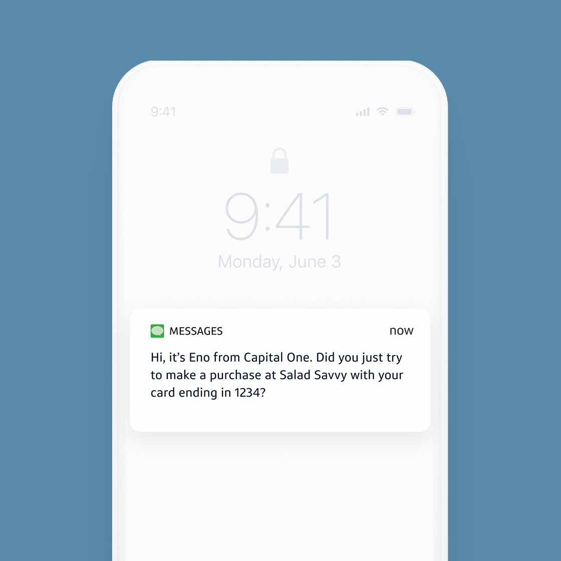 Fraud text message says, "Hi, it's Eno from Capital One. Did you just try to make a purchase at Salad Savvy with your card ending in 1234?"