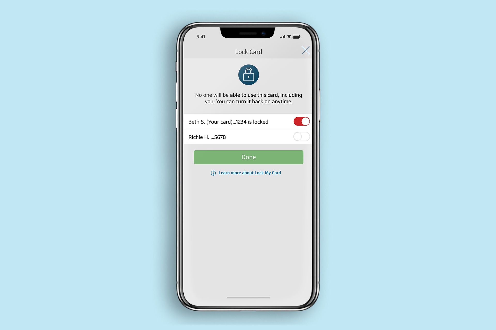 Phone screen showing card lock with toggle